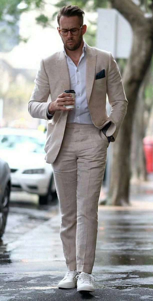 2 Piece Beige Men Linen Suit Notch Lapel Blazer Prom Groom Tuxedo Casual  Suit