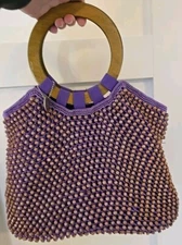 Vintage The Sak Wooden Round Handles Beaded Crochet Purple Purse Bag Boho Retro 