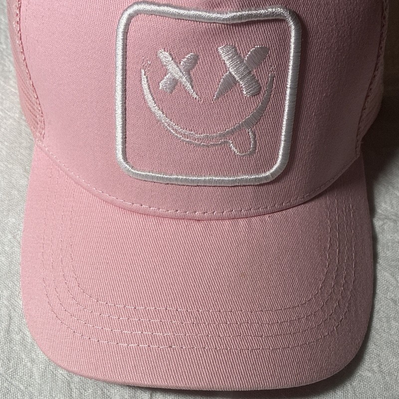 Pink Embroidered Smiley Logo Mesh Back Trucker Hat Free Shipping 