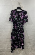 Tahari Women's Black Purple Floral Flutter Sleeve Tiered Belted Dress Size 12