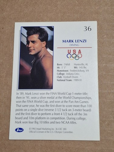 1992 MARK LENZI IMPEL OLYMPICARDS CARD #36 TEAM USA US HALL OF FAME DIVING - Picture 2 of 3