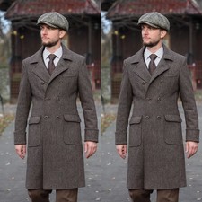 Brown Herringbone Men Long Overcoat Tweed British Style Outwear Long Jacket