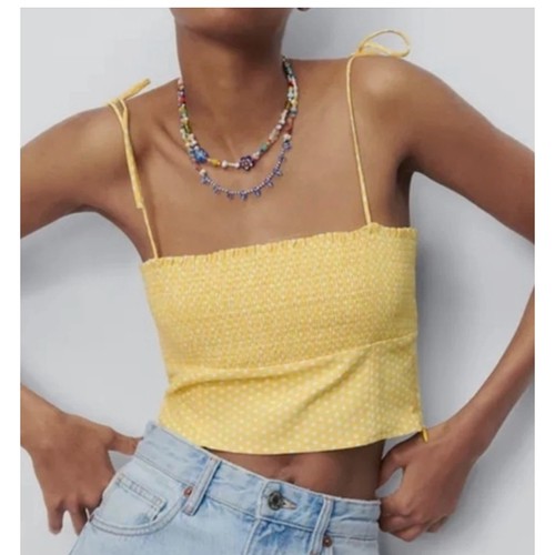 Zara Crop Top Womens Medium Yellow White Polka Dot Smocked Tie Strap Summer Cute - Picture 4 of 8