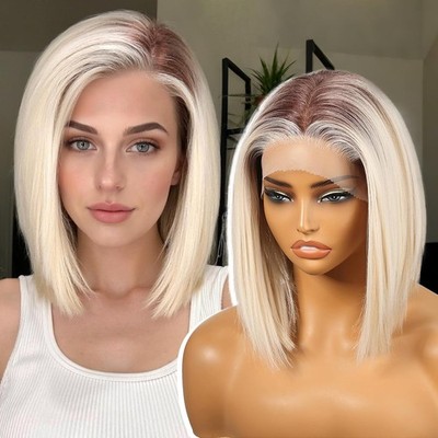 Balayage Platinum Blond with Auburn Human Hair Lace Front Wigs Reddish Roots