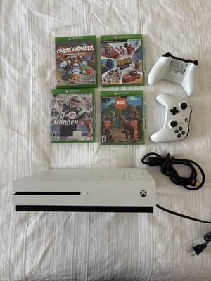 Microsoft Xbox with One S Console Bundle 2 Wireless White Controllers + 4 Games