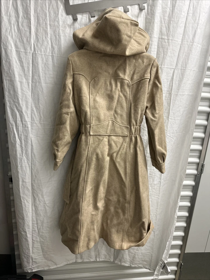 Gabardina vintage para mujer mezcla de lana beige forrada a cuadros capucha con cinturón se adapta a pequeña Foto 4 de 4