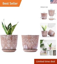Set of 2 Bohemian Ceramic Planters with Drainage Hole for Indoor Outdoor Use