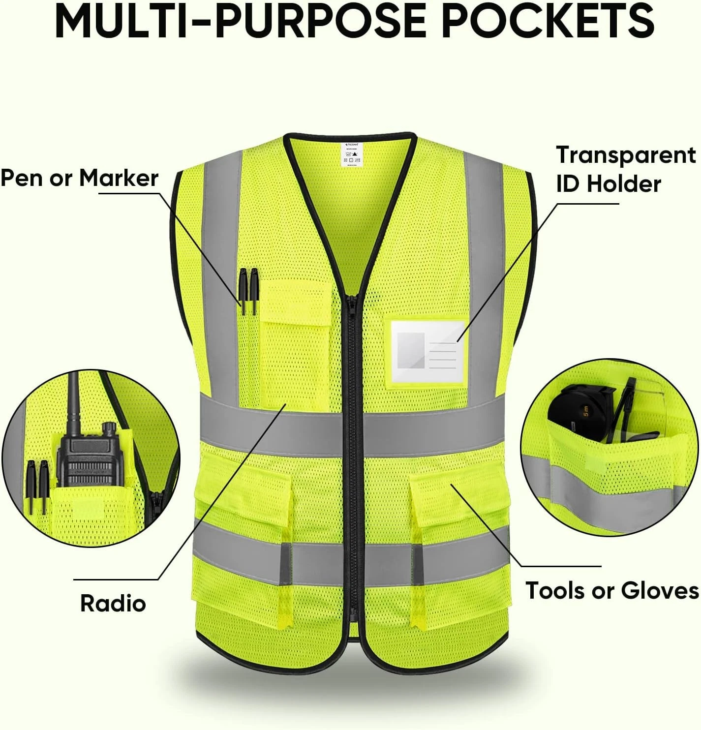 XL Safety Vest -Class 2 High Visibility Reflective Yellow Safety Vest - product detail image 4
