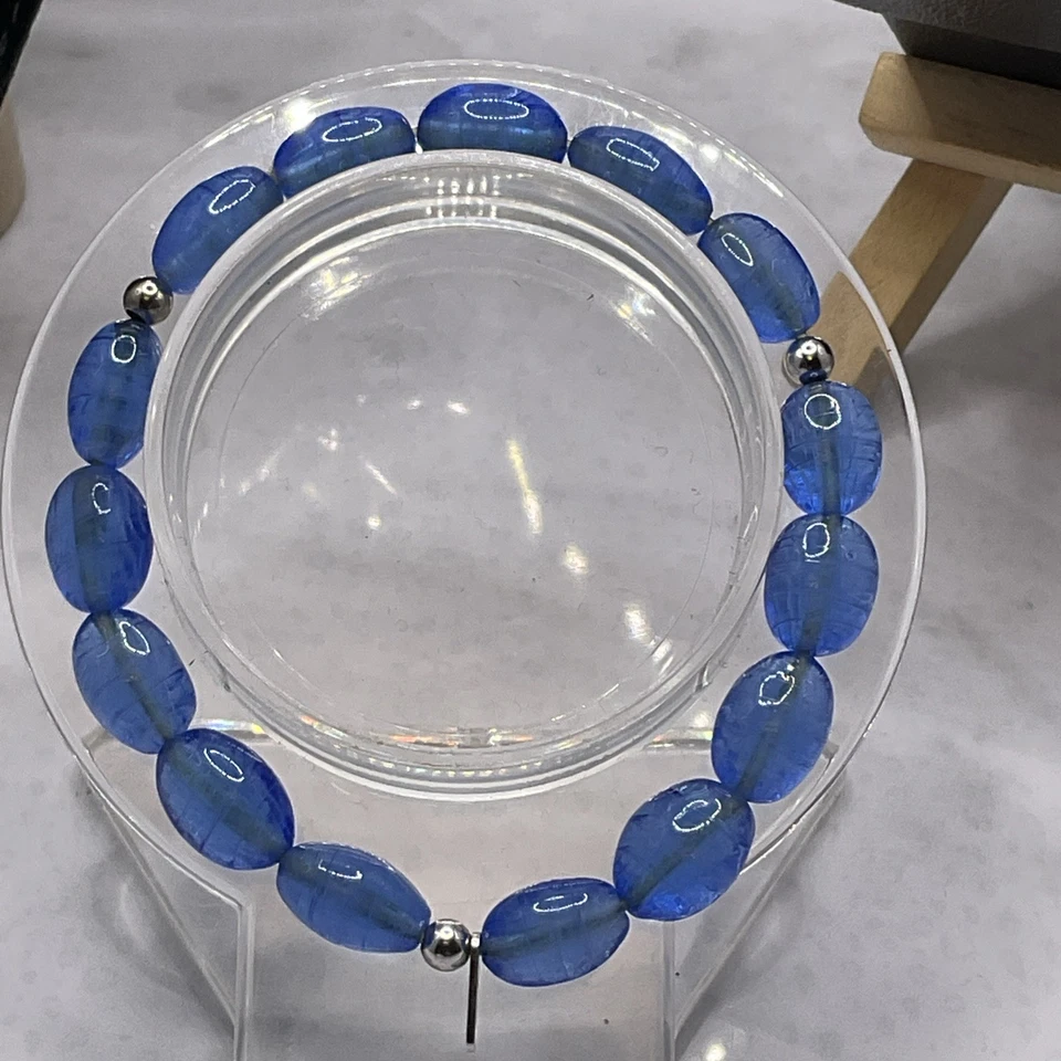 LALIQUE Crystal & 925 Sterling Silver Pebble Bracelet In Blue. Boxed With Pouch. - Image 3 of 4