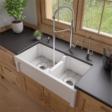 Pemberly Row 36" White Arched Apron Thick Wall Fireclay Double Bowl Farm Sink