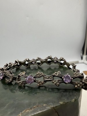 Sterling Silver 925 Art Deco Faceted Amethyst Marcasite Panel Bracelet 