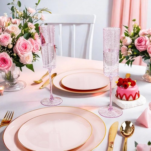 YOUBET 24 Pack Plastic Champagne Flutes - 6 Oz Rose Gold Glitter Disposable Cham - 第 7/9 張圖片