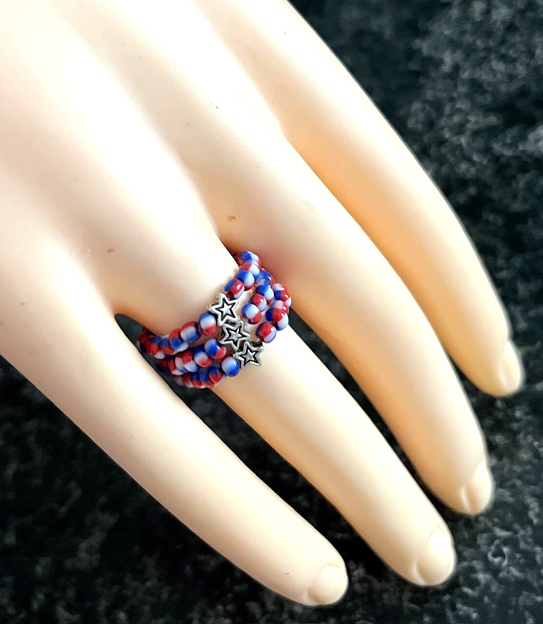 3pc 4th of July Patriotic Star Glass Seed Bead Stretchy Rings Red White Blue 6-7
