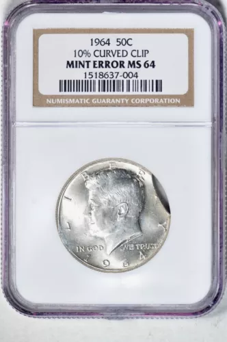1964 50C 10% Curved Clip Kennedy Half Dollar NGC MS64