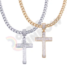 Men Stainless Steel Necklace CZ Cross Cuban Gold Chain Silver Pendant 18-36 #P53