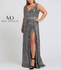 MAC DUGGAL Plus Size 16W Silver Embellished Faux Wrap Gown NWT $498