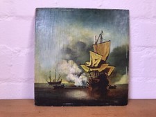 Antik Tafelbild Mahagoni Holz Maritim Ölgemälde Seeschlacht Seestück n. de Velde