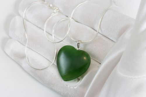 Großer Sterlingsilber geschwollenes Herz Anhänger grün Nephrit Jade 20 Ketten Halskette - Bild 2 von 8