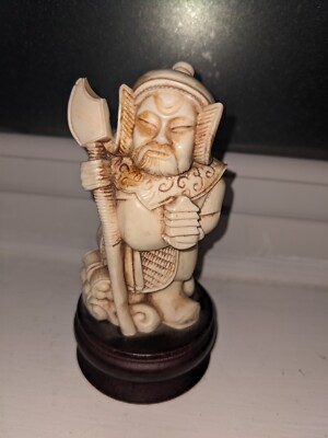 Japanese Highly Detailed Hand Carved Netsuke Warrior on Wood Base, Very Nice