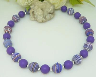 Halskette Collier Kette Perlenkette Fimoperle  violett  lila Glasperle lila 447c - Bild 1 von 4