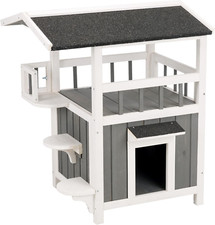 Wooden Outdoor Cat House with Covered Balcony, Elevated Pet Home, Weatherproof S