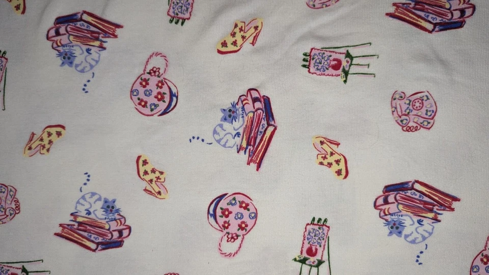 So Fun! Cats Books Shoes Phones White Cotton Ribbed Knit Fabric 80"L x 60" W Pc - Image 2 of 4