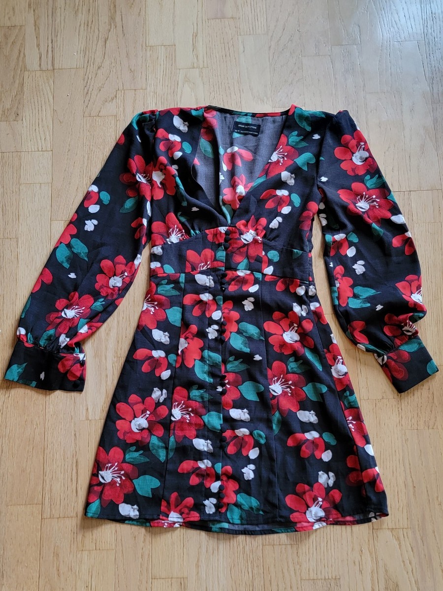 black mini dress with red flowers ASOS DESIGN satin lace insert keyhole mini dress in black and red floral print