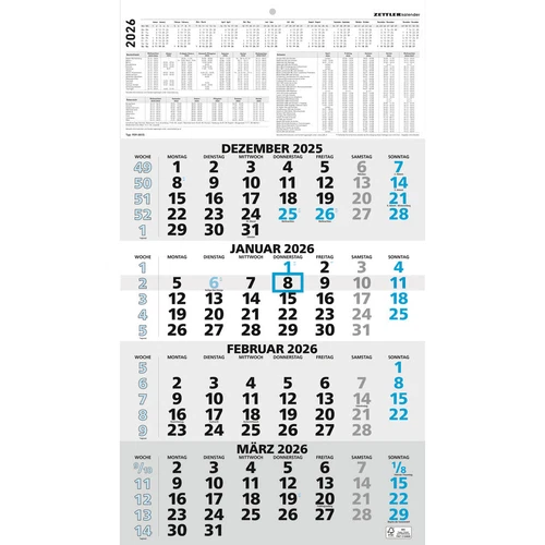 ZETTLER 609787 4-Monats-Wandkalender 959 - 33 x 59 cm, schwarz/blau