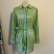Trina Turk Green Yellow Button Front Shirt Dress Size Large Belted Cotton