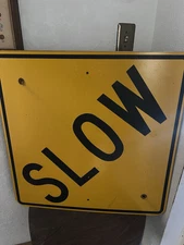 Slow Traffic Road Sign - Great Condition - Yellow Highway Street Mancave 30x30in