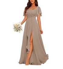 Taupe Bridesmaid Dress Size 12 Neutral Flutter Sleeve Chiffon Slit Pleated