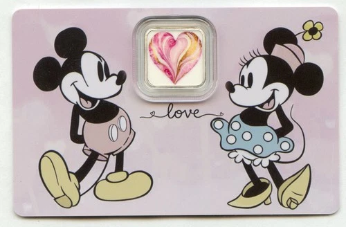 Mickey & Minnie Mouse Love Heart Valentines 1 Gram 999 Bar in Card Bullion JR258