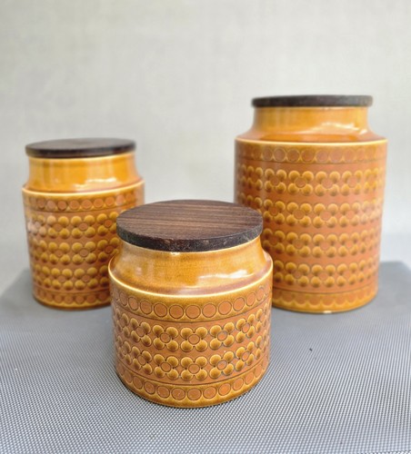 3 Vintage Hornsea Saffron Storage Jars 1974 - Wooden Lid