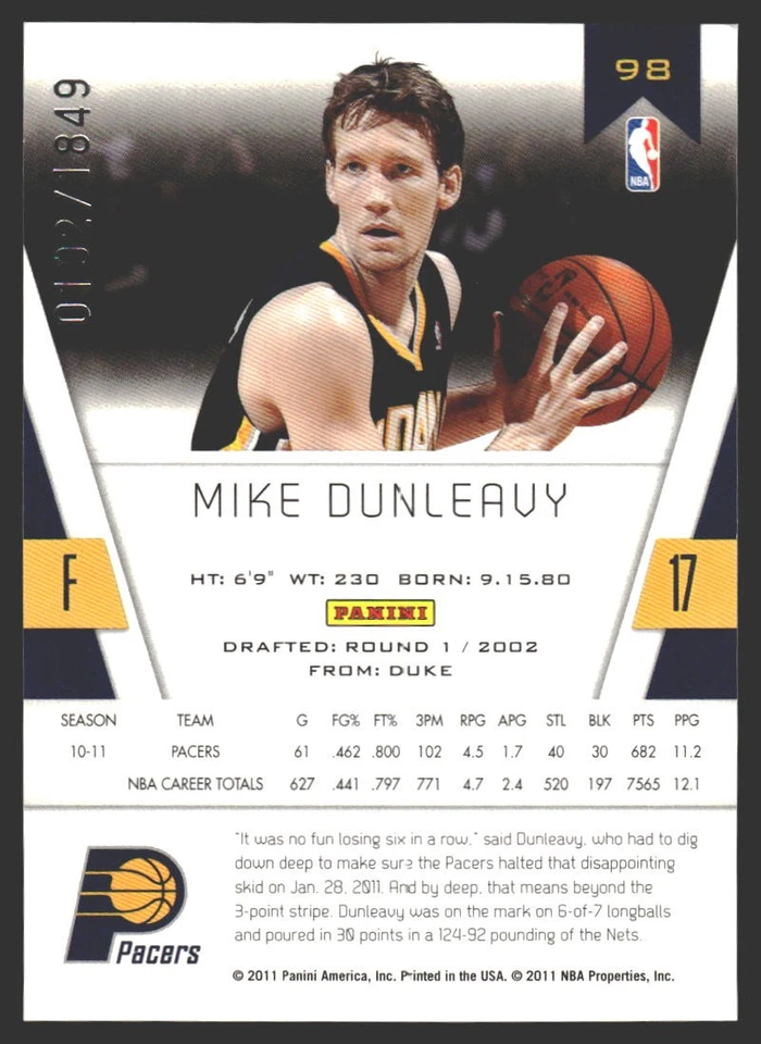 Mike Dunleavy Jr. #98 2010-11 Panini Totally Certified Indiana Pacers SN/1849 - Image 2 of 2