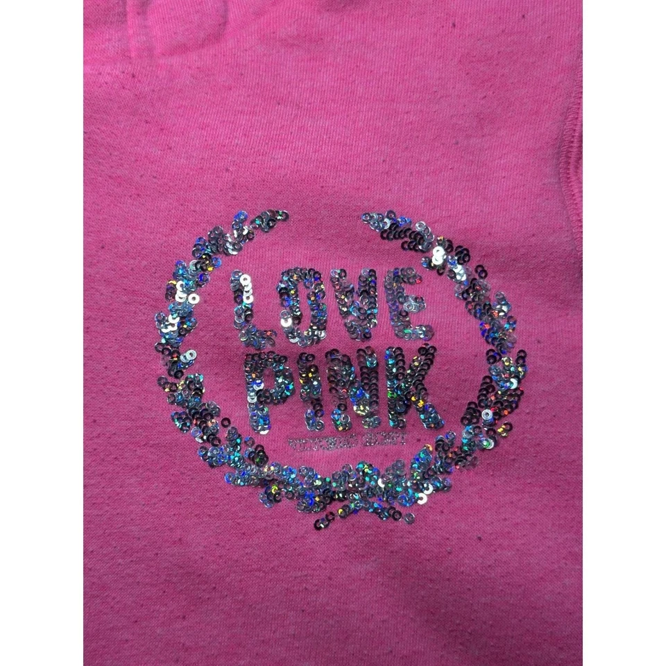 PINK Victoria Secret Full Zip Hoodie Jacket Faux Fur Lined Love Sequin Vintage - Image 3 of 4