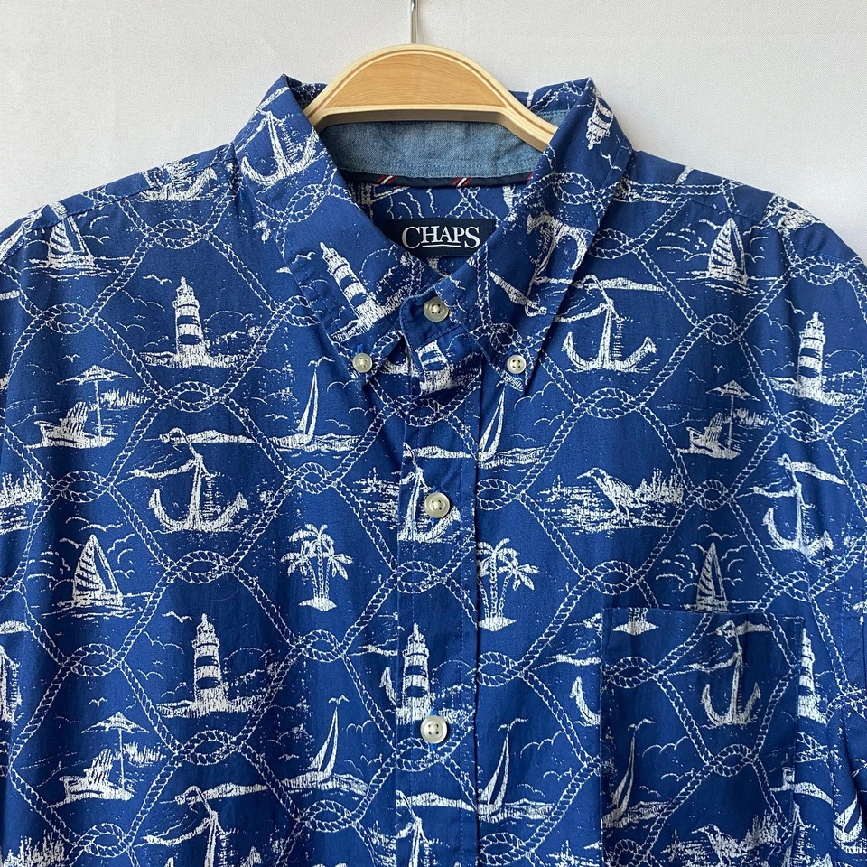 Camisa CHAPS Nautica Hombres XL Azul Velero Ancla Estampado Completo Playa Abotonada Foto 3 de 4