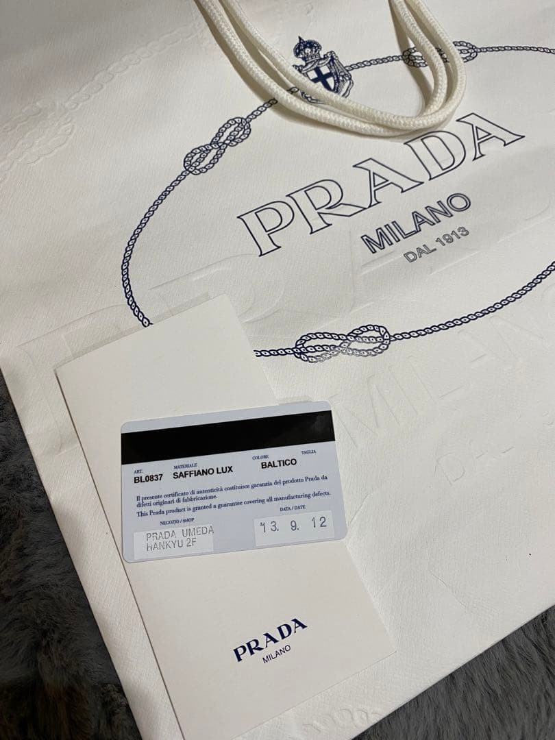 PRADA Saffiano Lux Tote Bag Blue Leather Gold Logo Used image 6