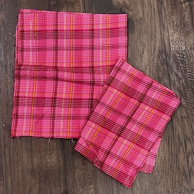 Vintage Bright Pink Orange White Plaid Cotton Scrap Fabric Country Groovy