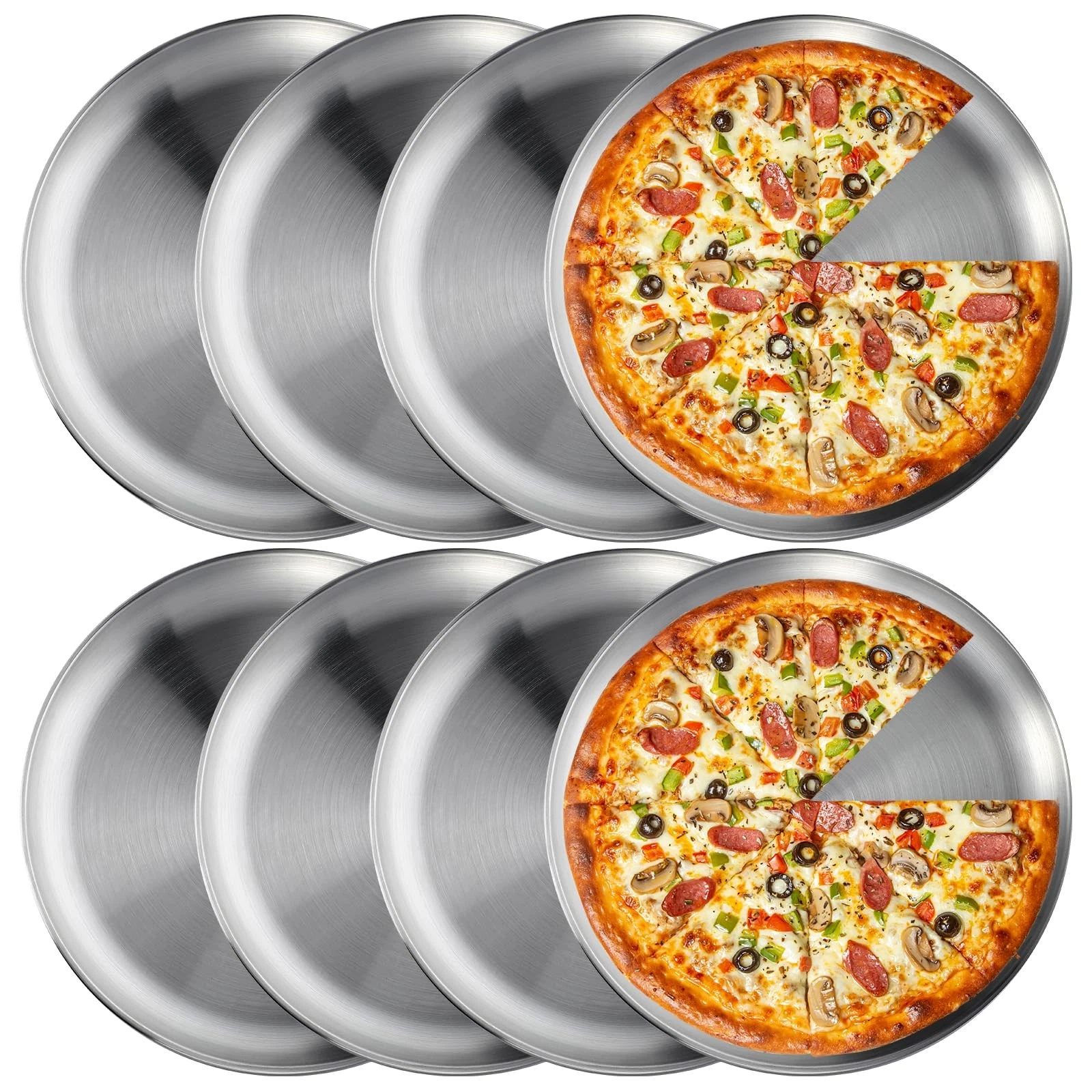 8 Pieces 12 Inch Pizza Pans Bulk Stainless Steel Sets Round Bakeware Pizza Tr...