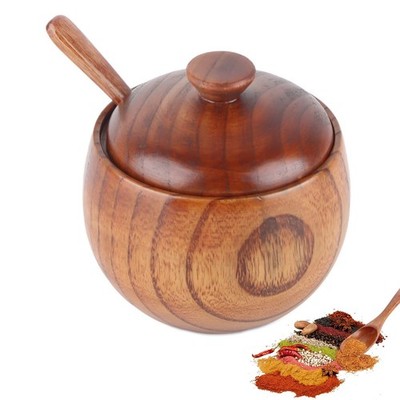 Wooden Salt Container, Salt Cellar with Spoon and Lid Seasoning Pot Sugar Bow