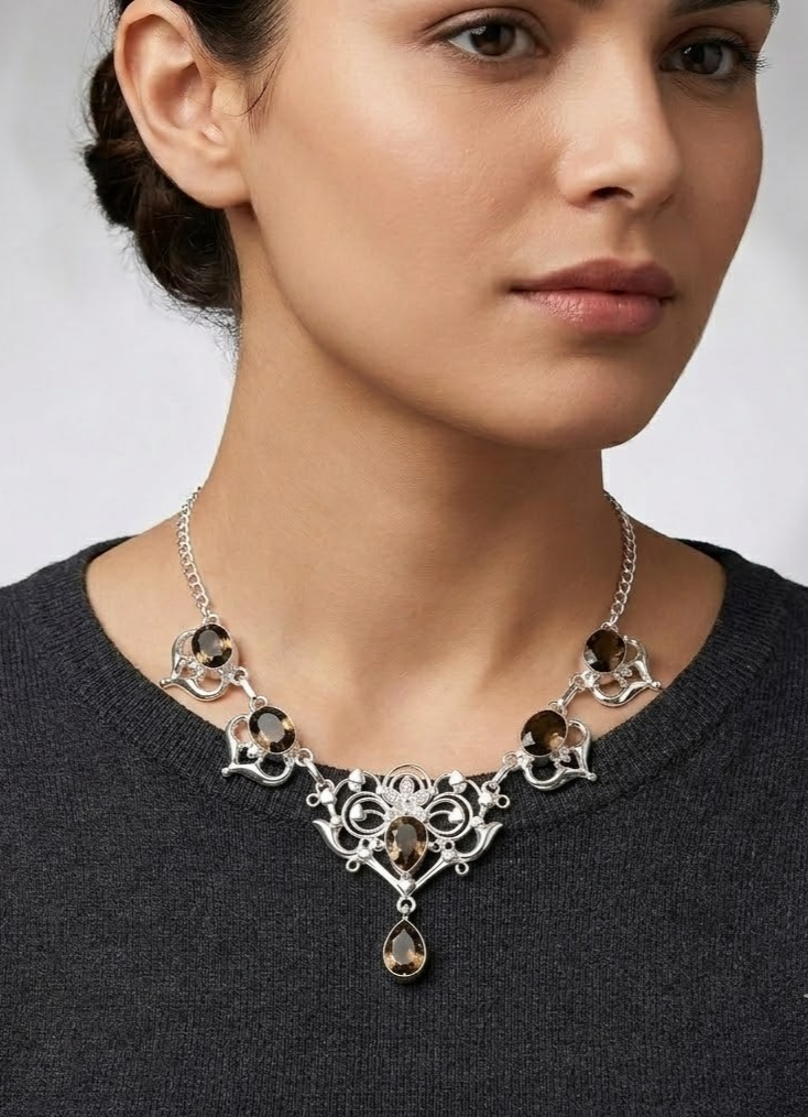 "Smoky Quartz Gemstone 925 Sterling Silver Jewelry Necklace Size-17-18\""