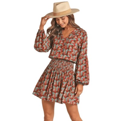 Rock n Roll Sz L Ditsy Floral Print Flowy Mini Dress Rust Copper Smocked Waist