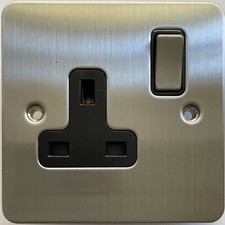 Image of Eurolite 1 Gang 13A DP Switched Socket Satin Stainless Steel FLAT Black Trim