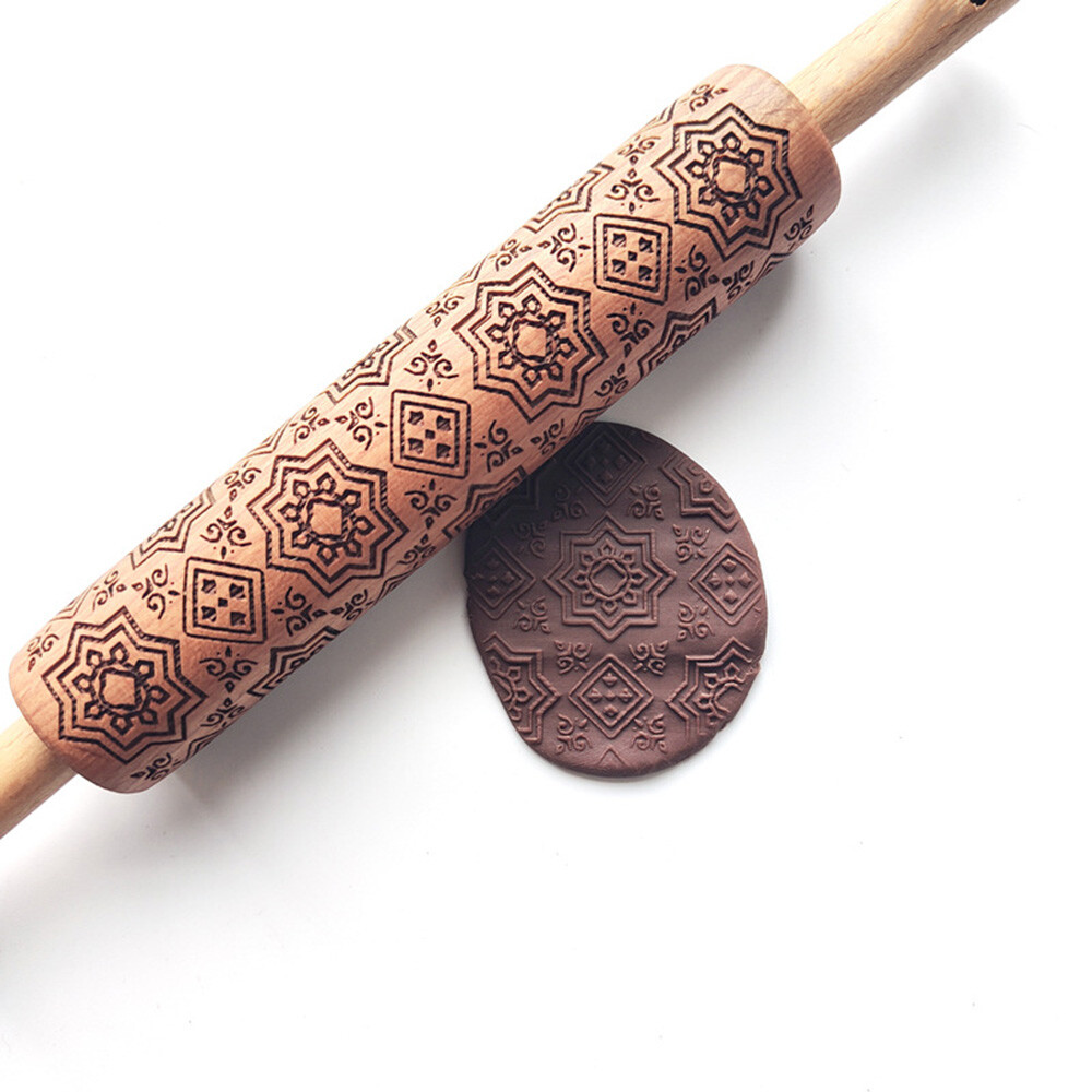 Embossed Rolling Pin Cake Fondant Icing Beech Wood Kitchen Baking DIY