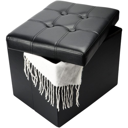 Storage Ottoman Folding Foot Stool with Thicker Foam Padded Seat Small Leathe...