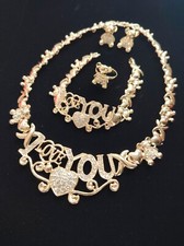 Women Necklace Stud Earrings Bracelet Ring Set I Love You Heart Gold Plated Rhin