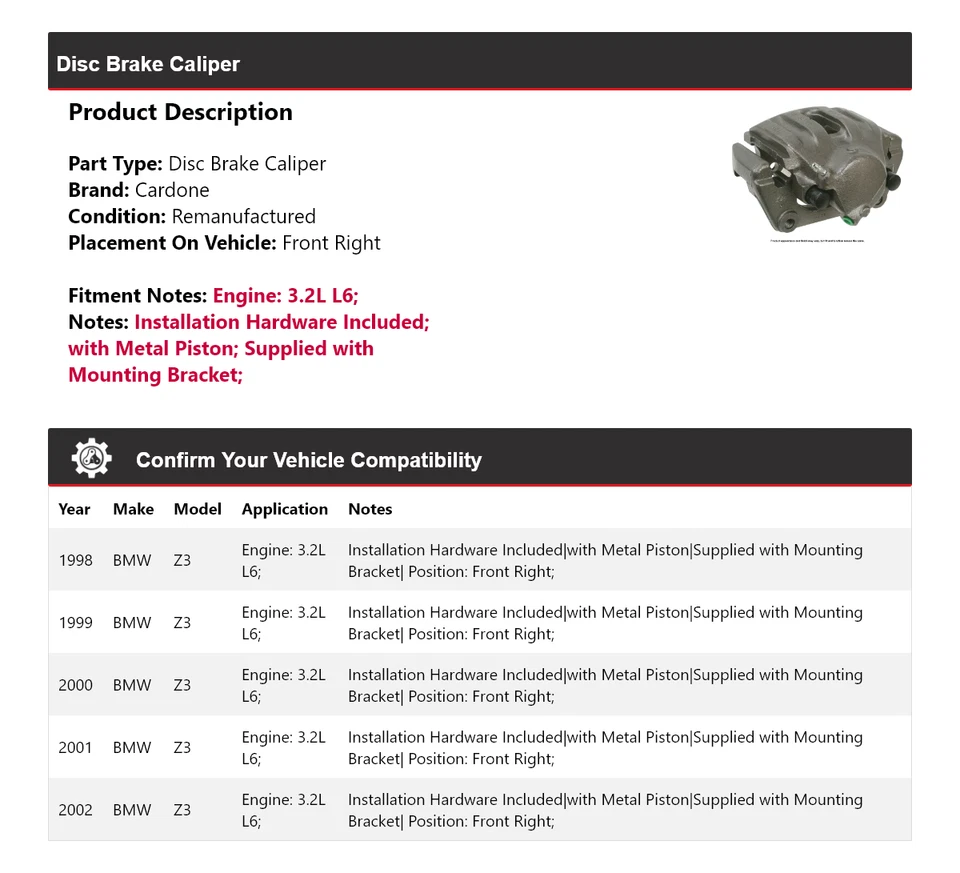 Pinça de freio a disco dianteira direita Cardone 1999 2000 para 1998-2002 BMW Z3 3.2L L6 - Imagem 2 de 4