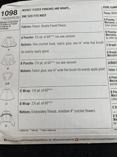 Simplicity Pattern 1098 Sz OS (One Size) - Misses Fleece Poncho & Wraps - Picture 3 of 5