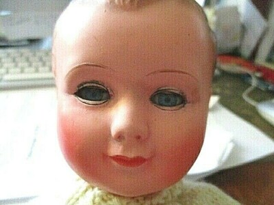 Poupée Baigneur Petitcollin Celluloïd 32 Cm, Yeux Dormeurs Bleus, Jambes Torsadées, Vintage Années 60