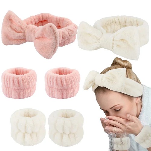 Spa Headband and Wrist Towels for Face Washing Set Elastic Bow Headbands with - Picture 8 of 34